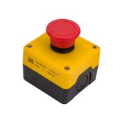 Пост управления однокнопочный кнопка аварийная Грибок 40 мм, 1НЗ, возврат поворотом, желтый-черный цвет, cерия P, пластиковый корпус 250В AC, 4А, IP65