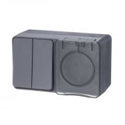 AtlasDesign Profi54 БЛОК: розетка с  заземлением со шторками 16А 250B, выключатель двухклавишный IP54 10А, АНТРАЦИТ, Россия